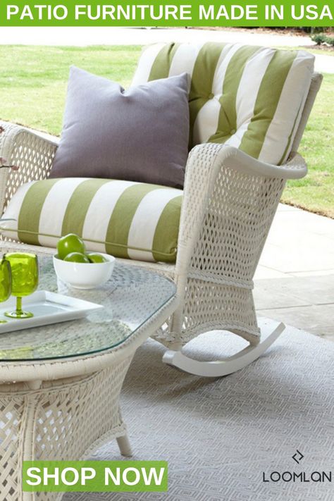 Ideally suited to the lanai, sun room, or front lawn, this collection is perfect for outdoor living and changing seasons. The wicker will not crack or peel and is available in custom color options. Build your patio furniture set with two rust-resistant wicker finishes and an extensive selection of fade-resistant, mildew-resistant, and water-repellent fabrics. Featuring exceptional seating comfort and resilience, inherently mildew/bacteria resistant components, and is environmentally friendly. Rocker Chair, Patio Glider, Lloyd Flanders, Patio Loveseat, Outdoor Sofa Sets, Rocker Chairs, Teak Chairs, Front Lawn, Patio Lounge