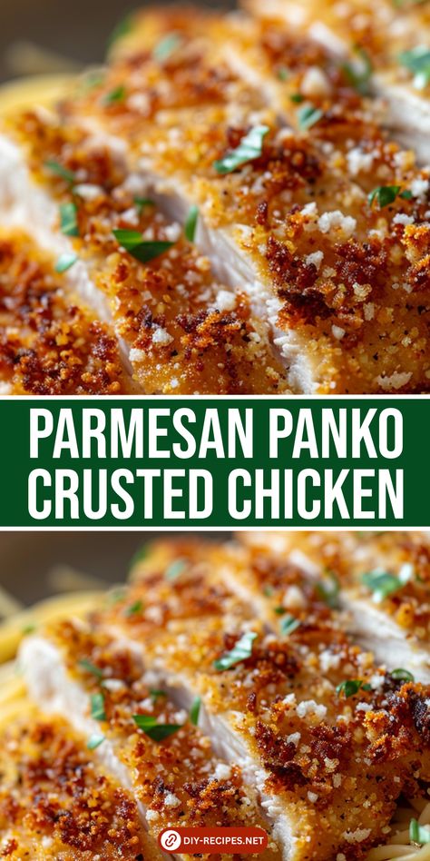 Savor Parmesan Panko Crusted Chicken! Juicy chicken cutlets with a crispy panko and Parmesan coating, enhanced with garlic and oregano. Baked to perfection for a flavorful meal! Parmesan Crusted Chicken With Mayo Baked, Panko And Parmesan Crusted Chicken, Baked Chicken Panko Recipes, Chicken Parmesan Breading Recipe, Pretzel Crusted Chicken Baked, Chicken Parmesan Cutlets, Gluten Free Panko Recipes, Crispy Parmesan Chicken Cutlets, Italian Panko Crusted Chicken