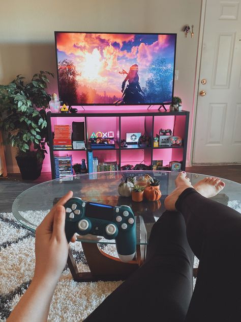 Living Room Game Setup, Game Setup Living Room, Console Gaming Setup Living Room, Apartment Decorating Gaming, Gaming Living Room Setup, Gamer Apartment Decor, Gamer Living Room Ideas Cozy, Video Game Room Aesthetic, Console Setup Gaming