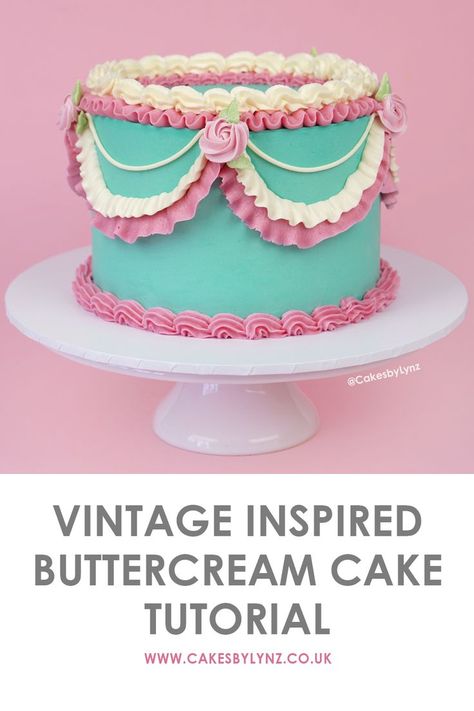 Vintage Inspired Piped Buttercream Lambeth Cake Tutorial – Cakes by Lynz Fancy Piping On Cakes, Vintage Cakes Tutorial, Piping Lace Design, Vintage Piping Cake Tutorial, Vintage Cake Tips, Ribbon Piping On Cake, Vintage Cake Piping Techniques, Piping Tips For Vintage Cake, How To Make A Vintage Cake