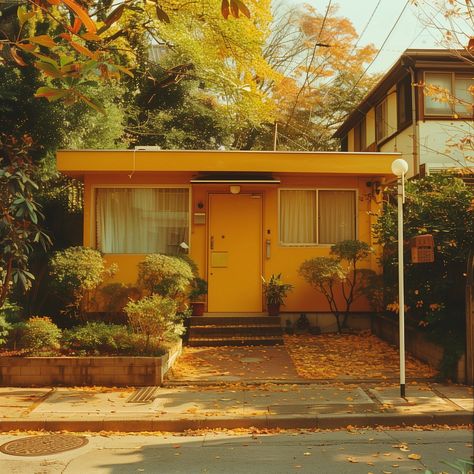 1960s Home Exterior, Retro Home Exterior, 1960s House Exterior, 70s Suburbia, 60s House Exterior, Retro Buildings, 70s House Exterior, Tokyo Architecture, Yellow Building