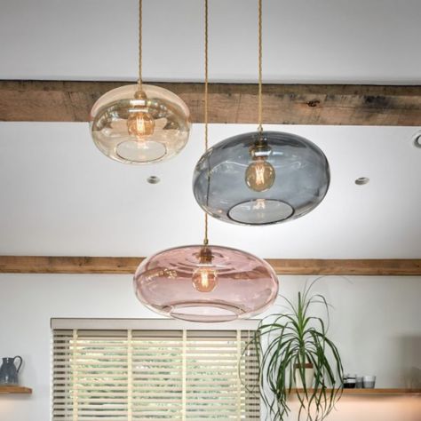 A stunning collection of handcrafted glass pendant lights available in a selection of beautiful colours and 4 different sizes. With a wide shape and shallow height they look great singularly or we can help you design your own bespoke fitting by selecting a few different sizes/colours to hang in a cluster formation. PS: They look great with our vintage filament bulbs. Specification Dimensions: Mini - W21cm x H14 cm Dimensions: Small - W29cm x H18cm Dimensions: Medium - W36cm x 20cm Dimensions: La Living Room Pendant Light, Glass Pendant Lights, Large Pendant Lighting, Deco Luminaire, Kitchen Pendants, Beautiful Colours, Ceiling Rose, Kitchen Makeover, Glass Pendant Light