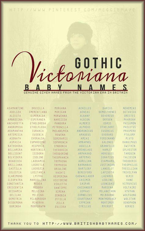 I ran across a pin on Pinterest today that really intrigued me. A list of Gothic Victoriana baby names, apparently genuine given names from the Victorian age in Britain. It’s definitely somet… Gothic Baby Names, Victorian Names, British Baby Names, Hipster Baby Names, Gothic Baby, Best Character Names, Fantasy Names, Aesthetic Names, Pretty Names