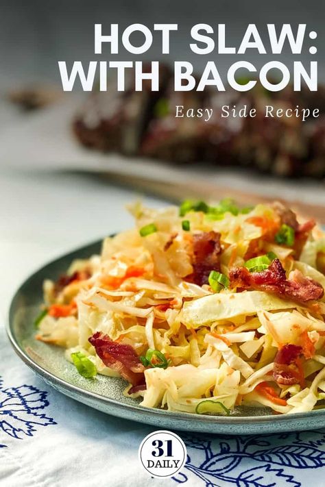 This Hot Slaw recipe with Bacon is an easy and quick side dish and is a perfect complement to heftier favorites like pork, sausages, or, of course, chicken. Whether it be fried, grilled... or pulled! Serve at any picnic, tailgating, or game day occasion! #sides #cabbage #coleslaw #German #southern #picnic #gameday #tailgating #31Daily German Hot Slaw Recipe, Hot Slaw Recipe, Hot Slaw, Southern Picnic, Bacon Slaw, Cabbage Coleslaw, Quick Side Dish, Recipe With Bacon, Pork Sausages