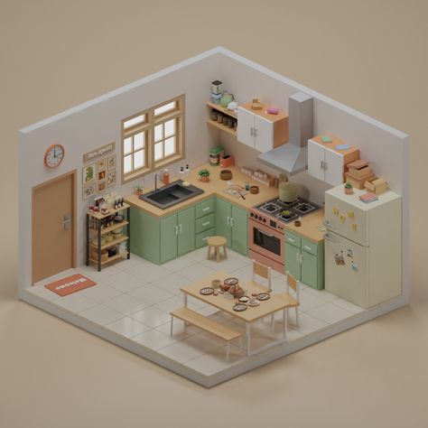 Isometric Art Kitchen, 3d Isometric Design, 50s Room, Isometric Kitchen, Isometric Rooms, Isometric Room, Blender Render, Kitchen 3d, 3d Isometric