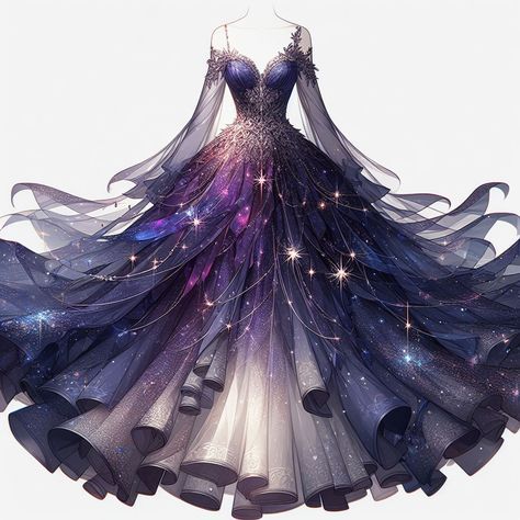 Cosmic Dress Gowns, Starlight Ballgown, Galaxy Dress Gowns, Space Inspired Dress, Digital Dress Design, Star Dress Drawing, Starry Gown, Starry Night Gown, Galaxy Wedding Dress