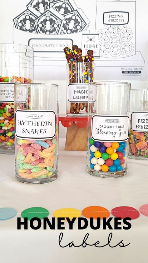 Harry Potter Themed Candy Bar, Harry Potter Gift Bags Party Ideas, Honeydukes Labels Free Printable, Harry Potter Food Tent Cards Free, Harry Potter Labels Printables Free, Harry Potter Birthday Party Ideas Food Free Printables, Quidditch Birthday Party, Harry Potter Candy Labels Free Printable, Honeydukes Printables Free