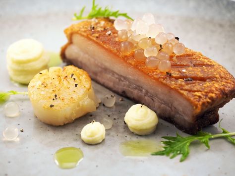 Pork Belly, Scallop, Smoky Potato and Yuzu Flavour Pearls | Peninsula Larder Vegetarian Canapes, Plum Dessert, Duck Breast Recipe, Chef Dishes, Roasted Rhubarb, Dinner Party Dishes, Layered Potato, Roasted Pear, Pork Fillet