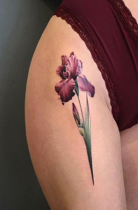 Iris Hip Tattoo, Irises Tattoo, Iris Tattoo Design, Purple Flower Tattoo, Curiosity Tattoo, Purple Tattoo, Tattoos On Back, Iris Flower Tattoo, Iris Tattoo