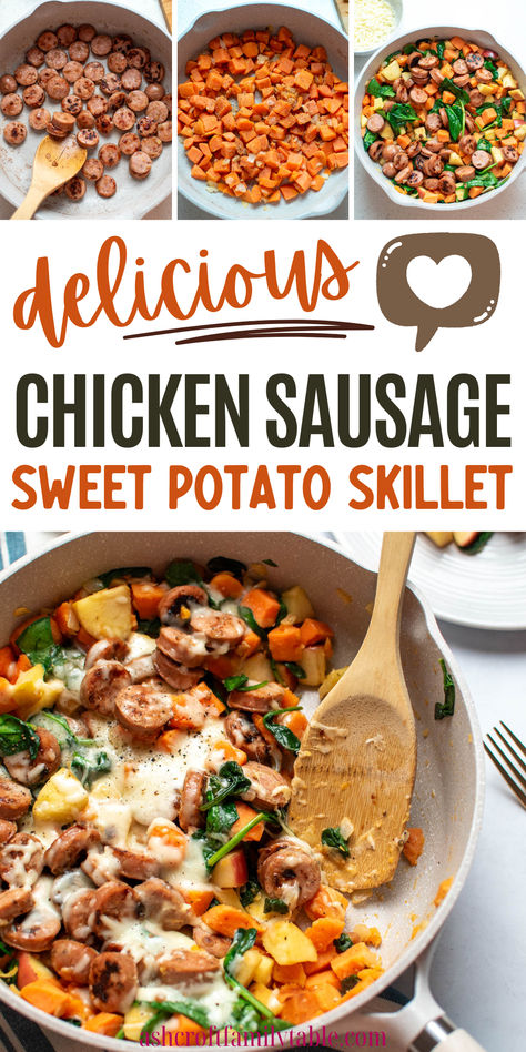 Chicken sausage and sweet potato skillet meal. Healthy Dinner Recipes Chicken Sausage, Breakfast With Chicken Sausage, Ground Chicken Stuffed Sweet Potatoes, Dinner Recipes With Turkey Sausage, Easy Healthy Dinner With Sweet Potatoes, Freezer Meals With Sweet Potatoes, Sweet Potato And Chicken Sausage, Chicken Sausage Sweet Potato Skillet, Apple Bourbon Chicken Sausage Recipes