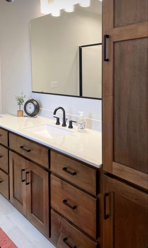 Bathroom Stained Vanity, Bathroom Wood Cabinets White Counter, Medium Brown Bathroom Vanity, Dark Stain Bathroom Cabinets, Light Wood Bathroom Vanity Black Hardware, Brown Cabinets White Counter Bathroom, Master Bathrooms Dark Cabinets, Dark Stained Bathroom Cabinets, Bathroom Walnut Cabinets