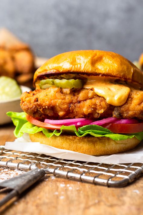 Buttermilk Crispy Chicken Burger with Smoky Aioli - Modern Farmhouse Eats Crispy Burger, Buttermilk Crispy Chicken, Buttermilk Marinated Chicken, Mustard Cream Sauce, Crispy Chicken Burgers, Fried Chicken Burger, Quick Pickled Red Onions, Fluffy Mashed Potatoes, Marinating Chicken Breast