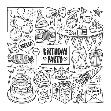 Party Doodles, Banner Doodle, Doodle Art For Beginners, Birthday Doodle, Arte Doodle, Doodle Books, Birthday Card Drawing, Graffiti Lettering Fonts, Doodle Coloring