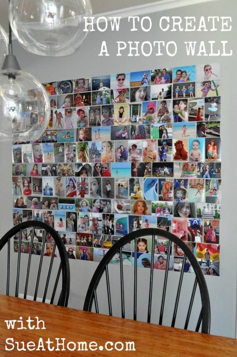 Photo Wall or My New Favorite Thing In My House – Sue At Home Diy Picture Collage Ideas, Diy Picture Collage, Diy Photo Collage Wall, Diy Picture Rail, Picture Collage Ideas, Gallery Wall Images, Family Photos Wall Decor, Photo Collage Diy, Pictures On String