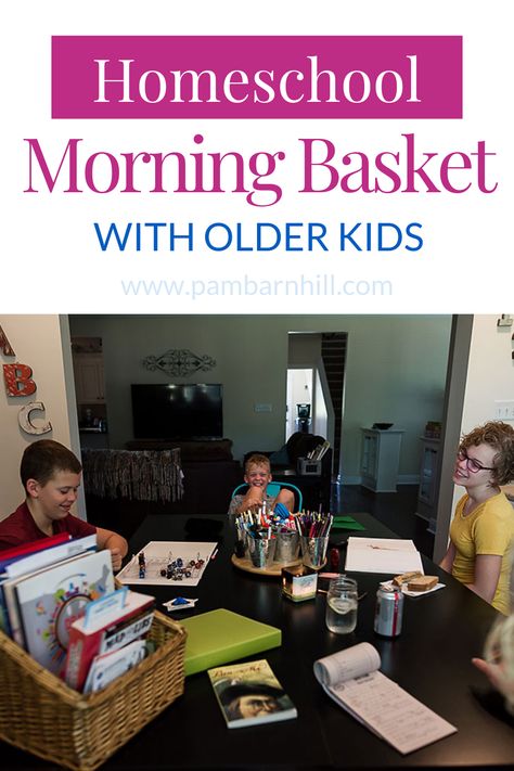 Morning Basket with Older Kids: How to Make it Work Homeschool Morning Basket, Homeschool Middle School, Morning Basket, Homework Station, Homeschool Routine, Morning Time, Homeschool Schedule, Homeschool High School, School Curriculum