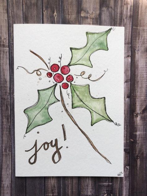 Watercolor Holly Christmas Card Hand Painted Christmas Card | Etsy #christmas #christmascrafts #happynewyear Christmas Card Homemade, Modele Zentangle, Homemade Christmas Card, Watercolor Holly, Card Homemade, Painted Christmas Cards, Holly Christmas, Christmas Card Art, Christmas Doodles