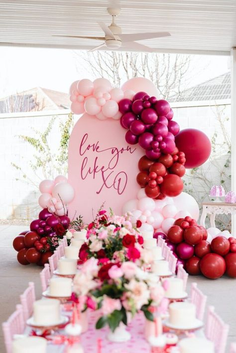 Heart Themed Bridal Shower Ideas, Cute Valentines Party Ideas, Showered With Love Bridal Shower Theme, Xoxo Party Theme, Love Themed Birthday Party, Valentine’s Day Bridal Shower Ideas, Sweet Heart Birthday Theme, Heart Bridal Shower Theme, Valentines Day Theme Party Ideas