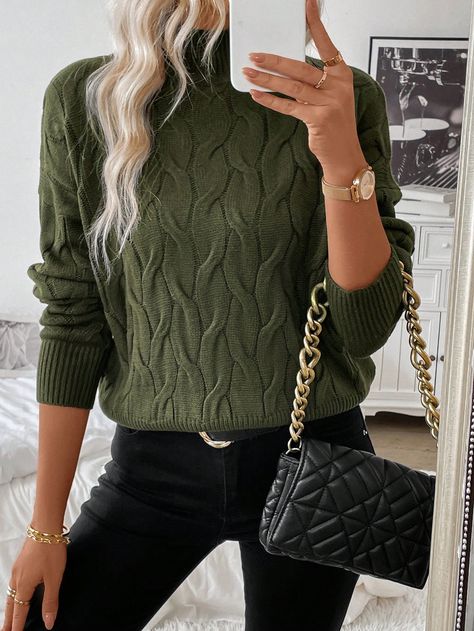 Casual Solid Color Turtleneck Cable Knit Sweater, Spring & Autumn Army Green Casual  Long Sleeve Knitwear Plain Pullovers Slight Stretch All Women Clothing, size features are:Bust: ,Length: ,Sleeve Length: Green Sweater Outfit Aesthetic, Cable Knit Sweater Outfit, Green Sweaters, Brown Turtleneck Sweater, Army Green Sweater, Cotton Cable Knit Sweater, Knit Sweater Outfit, Cable Knit Turtleneck Sweater, Business Casual Outfits For Work