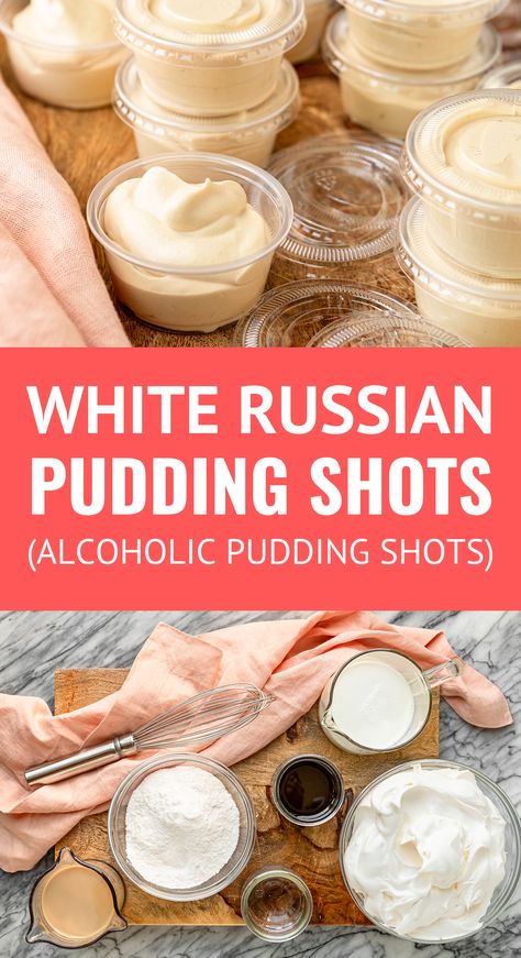 Creamy Frozen White Russian Pudding Shots -- These cool & creamy pudding shots are a delicious twist on your favorite white Russian cocktail... Bailey's Irish Cream, Kahlua liqueur, and Pinnacle vanilla vodka are blended with vanilla instant pudding to produce delightful little cups of alcohol-infused pudding! Sure to be a hit at any party. | pudding shots recipes | alcoholic pudding shots | kahlua pudding shots | easy pudding shots #puddingshots #alcoholicdrinks #partydrinks #partyideas Pudding Shots Kahlua, Kahlua Pudding Shots, Easy Pudding Shots, White Russian Pudding Shots, Pudding Shots Alcoholic, Vanilla Pudding Shots, Pudding Shot Recipes, Shots Alcohol Recipes, Jello Pudding Shots