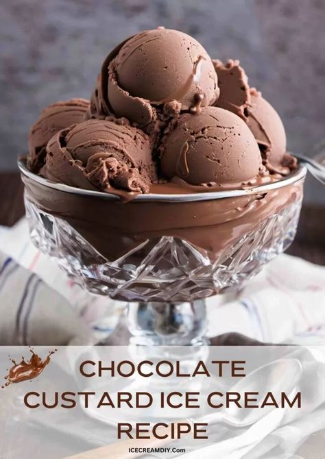 Chocolate Custard Ice Cream Recipe - Ice Cream DIY | Ice Cream Recipes From Scratch Homemade Chocolate Custard, Chocolate Frozen Custard, Chocolate Custard Ice Cream, Custard Based Ice Cream Recipe, Custard Recipe Ice Cream, Chocolate Custard Ice Cream Recipe, Homemade Custard Ice Cream, Frozen Custard Recipe, Soft Serve Ice Cream Recipes