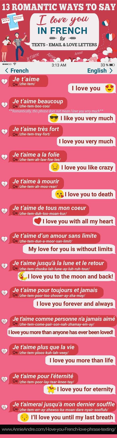 There are so many ways to say I love you in French simply using the phrase Je t'aime (I love you). Here are 13 which you can use in your text messages, email, love letters and beyond. Cute French Phrases, French Love Phrases, Romantic French Phrases, How To Say I Love You, Love In French, Romantic Text Messages, Quotes For Him Romantic, French Love Quotes, Learn French Fast