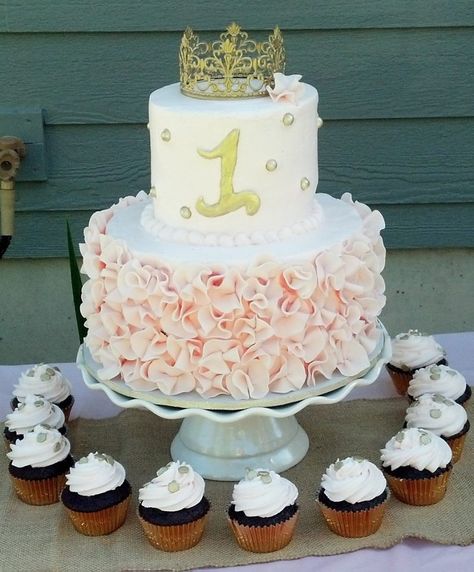 Once Upon A Time Birthday Party Cake, Princess Birthday Party Decorations Diy, Princess Smash Cakes, Cozy Birthday, One Year Birthday Cake, Fondant Ruffles, Princess Birthday Party Decorations, 2 Tier Cake, Pink Birthday Cakes