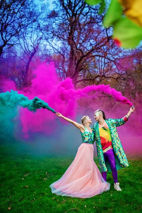 The Glitter & The Colour: A Modern Festival Inspired Styled Shoot · Rock n Roll Bride Rave Wedding, Dip Dye Dresses, Festival Style Wedding, Festival Themed Wedding, Painted Leather Jacket, Pink Tulle Skirt, Festival Bride, Rock Festival, Festival Theme