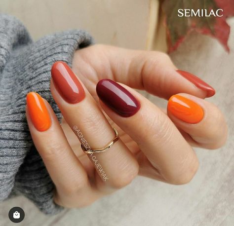 Three Colour Nail Design, Warm Nail Colors, Autumn Colour Nails, Boho Chic Nails, Autumn Nail Colours, Nail Paint Shades, Nail Shades, Thanksgiving Nail Designs, Simple Fall Nails