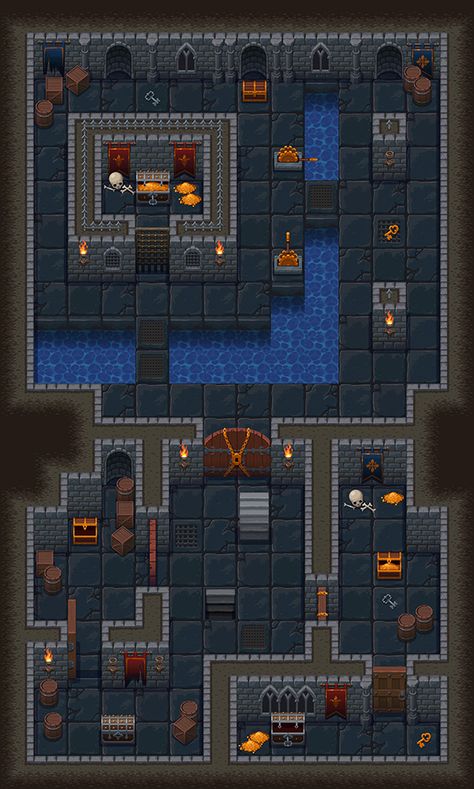 This is tileset for roguelike or rpg game. Top-down view. Top Down Level Design, Pixel Art Dungeon, Pixel Dungeon, 2d Rpg, Top Down Game, Pixel Game, Game Graphics, Pixel Animation, Pixel Art Tutorial