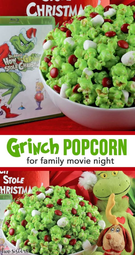 Christmas Family Movie Night, Grinch Christmas Treats, Grinch Popcorn, Fun Holiday Desserts, Up The Movie, Grinch Christmas Party, Christmas Movie Night, The Grinch Stole Christmas, Holiday Dessert Recipes