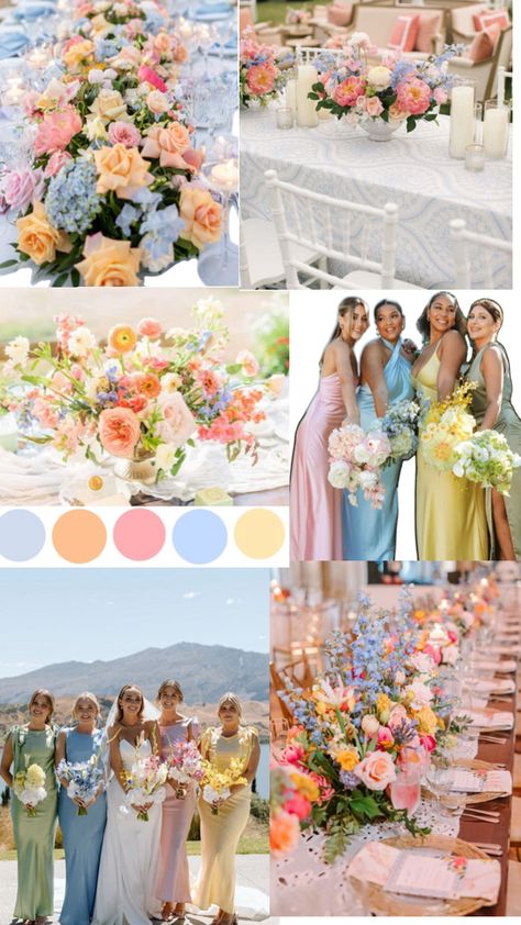 April Wedding Colors, Pastel Wedding Theme, Wedding Theme Color Schemes, Wildflower Wedding Theme, Multicolor Wedding, Wedding Motifs, Wedding Party Flowers, Wedding Backdrop Design, Light Blue Wedding