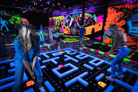 Mini Golf Ideas, Mini Golf Aesthetic, Blacklight Mini Golf, Indoor Mini Golf, Downtown St Louis, Adult Playground, Crazy Golf, Arcade Game Room, Mini Game