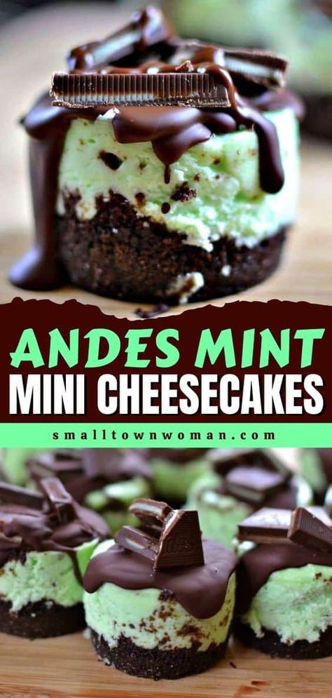 Whip up these easy mini cheesecakes! Topped with chocolate and Andes Mint candies, they're the perfect St. Patrick's Day dessert recipe for a crowd. Definitely party-worthy! Happy St. Patrick's Day baking! Holiday Desserts Thanksgiving, Chocolate Graham Cracker Crust, Cheesecake Desserts Recipes, Mint Desserts, Mint Cheesecake, Mini Cheesecake Recipes, Andes Mint, Easy Dessert Recipes Quick, Desserts Christmas