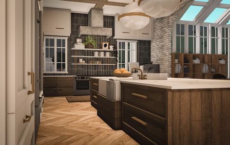 Bloxburg Cabin Kitchen Ideas, Roblox Suburban House, Bloxburg Suburban House Interior Ideas, Boo Burg Interior, Bloc Burg Kitchen, Bloxburg Kitchen Aesthetic, Boo Burg Kitchen Ideas, Boo Burg Kitchen, Bloxburg Autumn Kitchen