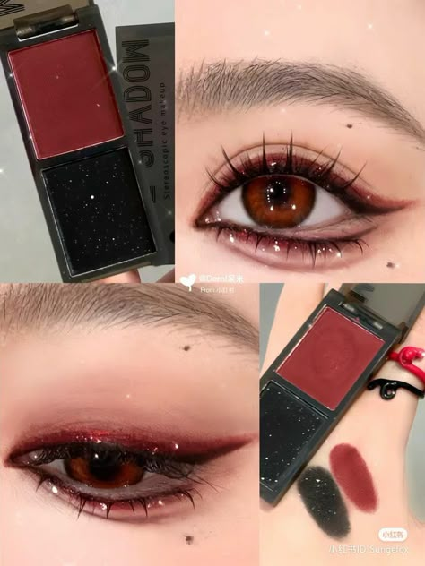 Black And Red Makeup Ideas, Black Red Eyeshadow, Silver Red Makeup, Villan Makeup Looks, Red And Silver Eye Makeup, Dark Femine Makeup Aesthetic, Red Wine Makeup Look, Simple Red Makeup, Red Aesthetic Makeup