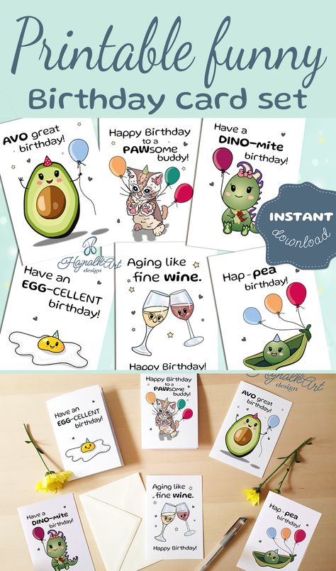 The cutest Printable Birthday card set with funny pun jokes. ♥ This delightful pack of 6 cards features hilarious pun jokes paired with adorable kawaii-style hand-drawn illustrations. Each card is guaranteed to bring a smile to your loved ones' faces on their special day. These funny greeting cards are perfect for any birthday occasion. Whether you're looking for a birthday card pack, a punny birthday card set, or simply funny cards to spread joy, this collection has got you covered. Birthday Pun Cards, Punny Birthday Card, Pun Jokes, Birthday Puns, Birthday Jokes, Punny Cards, Teacher Birthday, Funny Puns Jokes, Puns Jokes