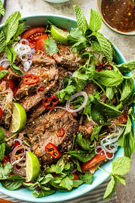 Thai Beef + Noodle Salad (Yum Nua) - Classic Thai Beef Salad Thai Beef Noodle Salad, Beef Noodle Salad, Thai Beef Salad Recipe, Steak Rice, Marinated Skirt Steak, Thai Noodle Salad, So Much Food, Thai Beef Salad, Chili Garlic Paste