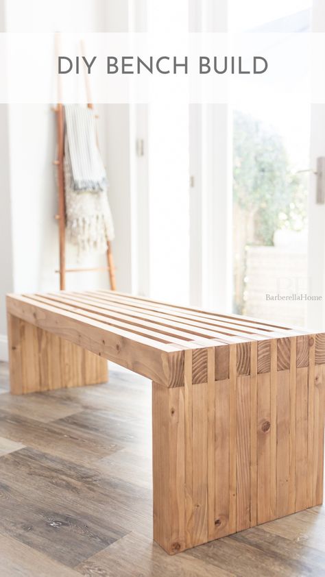 Super easy DIY bench build with 2x4 studs and 1x4 common pine boards. Easy Diy Wood Bench, Easy Pine Wood Projects, Diy Benches Entryway, 2x4 Bench Plans, Diy Bench Plans, Simple Wood Bench Diy, 2 X 4 Bench Diy, Diy Potting Bench Plans, Easy Wooden Bench