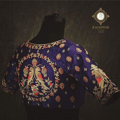 Ranipink Studio on Instagram • Photos and Videos Sari Designs, Parrot Design, Raw Silk Blouse, Zardosi Embroidery, Bridal Blouses, Embroidery Blouses, Computer Works, Blouses Designs, Saree Blouse Neck Designs