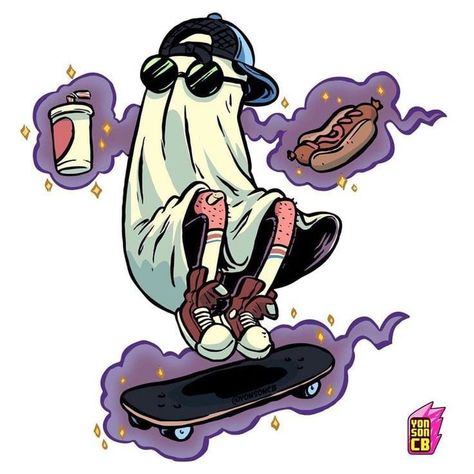 Skate Art Illustration, Ghost Art Cute, Skate Drawing, Skater Ghost, Ghost Skateboarding, Ghost Haunting, Skate Tattoo, Skateboarding Art, Ghost Illustration