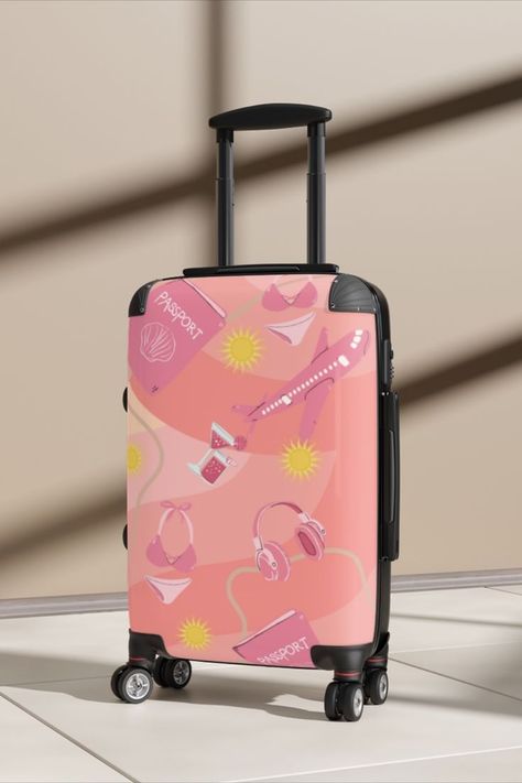 Unique Vacation Themed Luggage perfect to find in the airport, and take to your next resort! Pink Suitcase Aesthetic Airport, Luxury Pink Luggage With Sleeve, Pink Suitcase Set, Modern Pink Luggage With Sleeve, Pink Functional Rectangular Luggage, Pink Luggage, Suitcase Cover, Unique Vacations, Luggage Cover