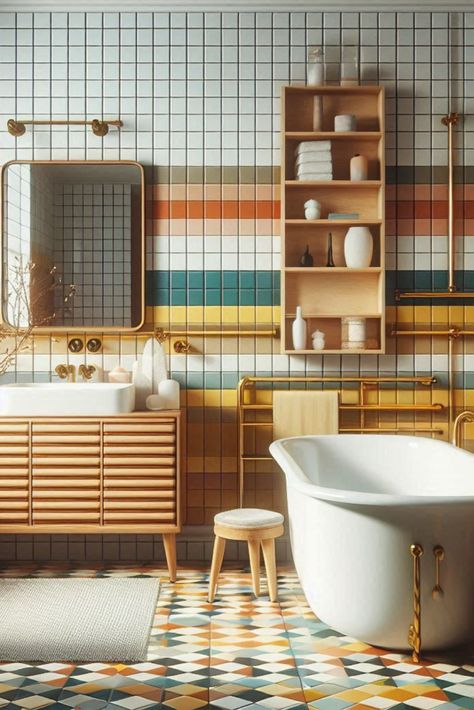 Take a trip back in time with these retro-inspired colorful square tiles. Arrange in a grid for maximum nostalgic impact. #RetroTiles #ColorfulGrid Retro Tiles Bathroom, Retro Tile Bathroom, Square Tile Bathroom, Retro Tile, Interior Design Bathroom, Retro Bathroom, Retro Tiles, Square Tiles, Tiles Ideas