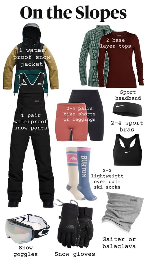 This is an estimation of what you’ll need to get through a day of skiing. This is based on preferences I’ve developed over the years. I personally prefer a quarter zip to a crewneck base layer top because it helps with temperature regulation. I also prefer bike shorts to leggings because it’s easier to keep them out of your ski boots. Styles for ski pants and jackets is purely a matter of personal preference but keep in mind if you wear a bib (overalls) you have to take everything off to go to the bathroom. This slide does not include traditional rental gear like boots or helmet. Ski Outfit Aesthetic, Ski Trip Packing List, Ski Trip Packing, Ski Base Layers, Trip Packing List, Winter Outfits Snow, Snowboarding Trip, Trip Packing, Snow Gloves