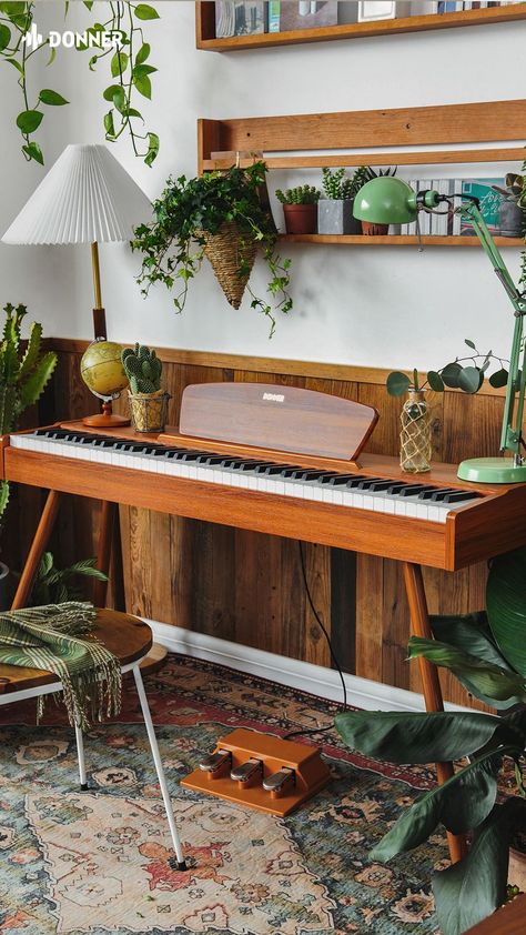 Pianos In Living Room, Study With Piano, Electric Piano Decorating Ideas, Donner Digital Piano, Piano Mid Century Modern, Piano In House Interior Design, Front Room Piano, Music Corner Living Room Keyboard, Home Piano Aesthetic