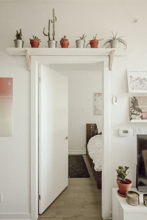 Doorway plant shelf Above Door Plant Shelf, Over Door Plant Shelf, Plant Shelf Over Doorway, Plants Over Doorway, Plant Shelf Above Doorway, Narrow Shelf Ideas, Built In Plant Shelf, Small Doorway Ideas, Diy Plant Shelf Indoor