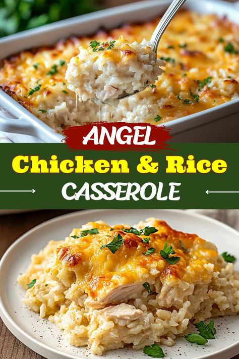 Creamy, cheesy, and loaded with comforting flavors, Angel Chicken and Rice Casserole is the ultimate cozy meal for chilly nights at home. Chicken And Rice Casserole Recipe, Angel Chicken, Chicken And Rice Casserole, Chicken Rice Casserole, Rice Casserole Recipes, Hearty Chicken, Comfort Dishes, Yummy Chicken Recipes, Chicken And Rice