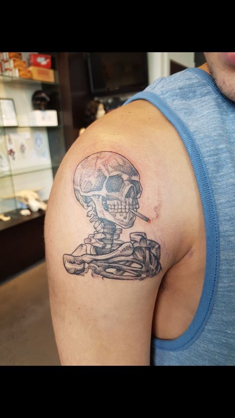 Skull of a Skeleton With Burning Cigarette - Van Gogh Skull Of A Skeleton Van Gogh Tattoo, Can Gogh Skeleton, Skull Tattoos Aesthetic, Van Gogh Skeleton Tattoo, Van Gogh Inspired Tattoo, Tyler Tattoo, Van Gogh Skull, Van Gogh Tattoo, Coffee Express