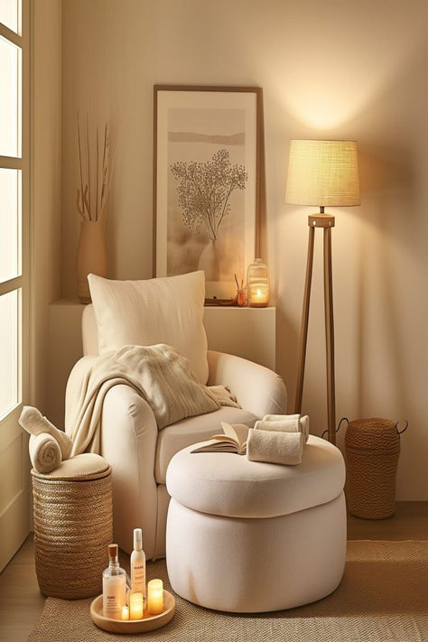 A cozy guest bedroom spa nook with a plush chair and warm lighting. Cosy Bedroom Corner Ideas, Bedroom Sitting Area Small Cozy Corner, Reading Nook In Bedroom Small Cozy Corner Comfy Chair, Small Reading Nook Cozy Corner Bedrooms, Bedroom Corner Ideas Cozy Nook, Bedroom Nook Ideas, Reading Corner Bedroom, Reading Corner Living Room, Conversation Nook