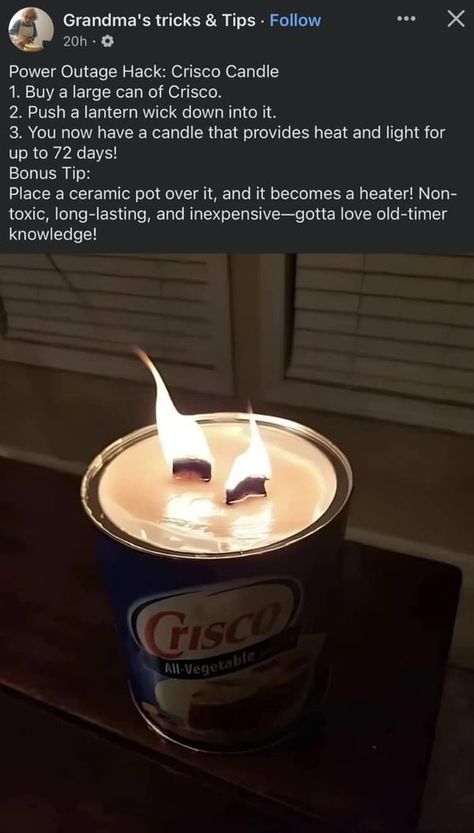 Diy Candle Heater, Power Outage Hacks, Crisco Candle, Homemade Heater, Diy Heater, Emergency Preparation, Survival Life Hacks, Emergency Plan, Diy Lanterns