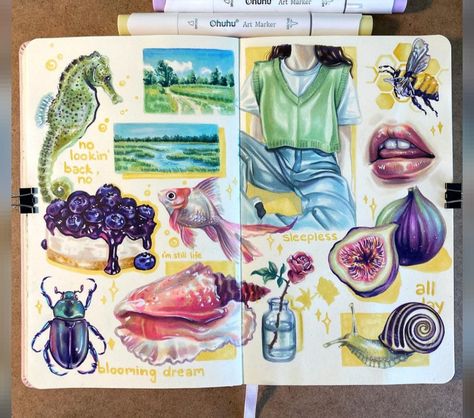 Copic Drawings Simple, Alcohol Marker Art, Color Markers Art, Sketchbook Spreads, Sketchbook Spread, Markers Drawing Ideas, Sketchbook Drawings, Sketchbook Art Journal, Art Diary